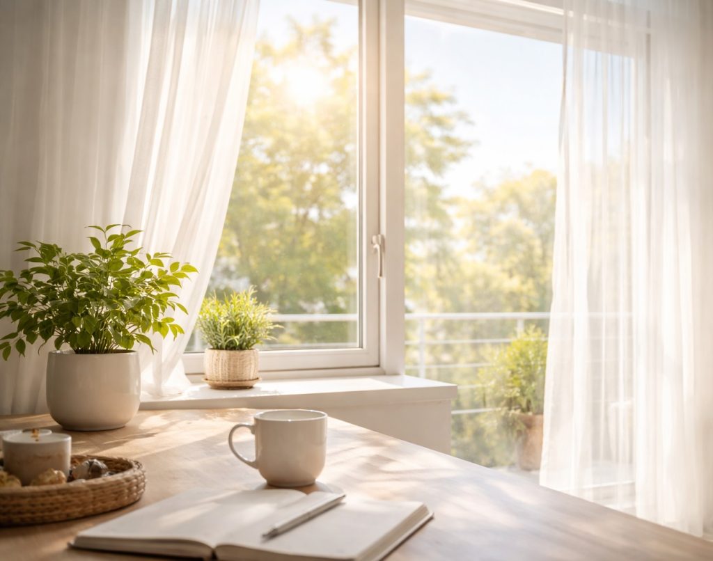 Bright window with soft daylight streaming into a calm, airy room.